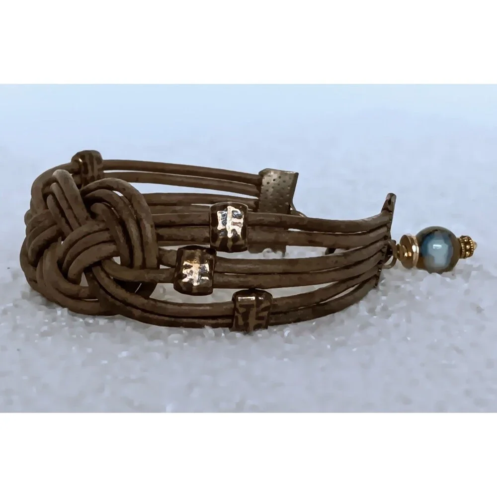 Olive Green Leather Celtic Knot Bracelet 6.5 in Moss Agate Dangle Charm
